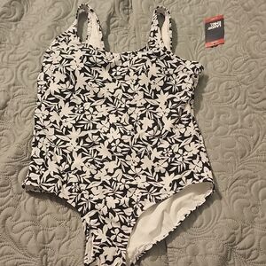 Lands' End Black and White Floral One Piece Swimsuit
